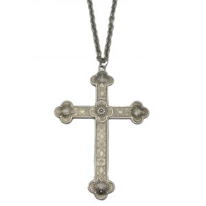 Large Renaissance Style Cross Silver Long Chain Pendant