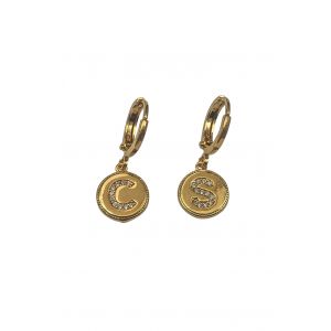 Crystal Initial Coin Huggie Hoop Earrings